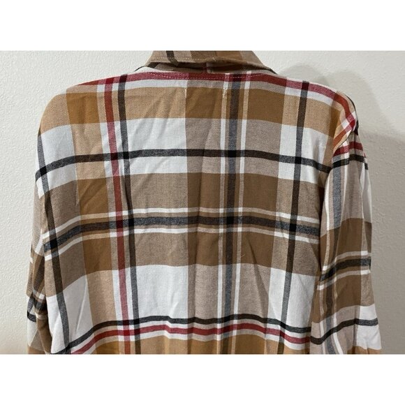 Maurices Womens 1X Open Blouse Plaid Fringe Roll Tab Sleeves - Picture 10 of 11